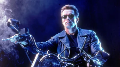 Arnold Schwarzenegger als ikonischer Terminator in einem 4K-Film-Hintergrundbild