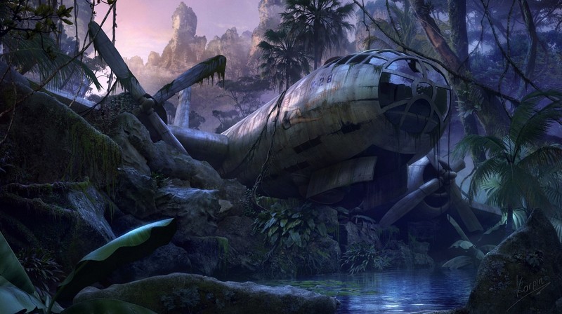 Un gros plan d'un avion dans une jungle avec une cascade (avion, aéronef, jungle, biome, forêt ancienne)