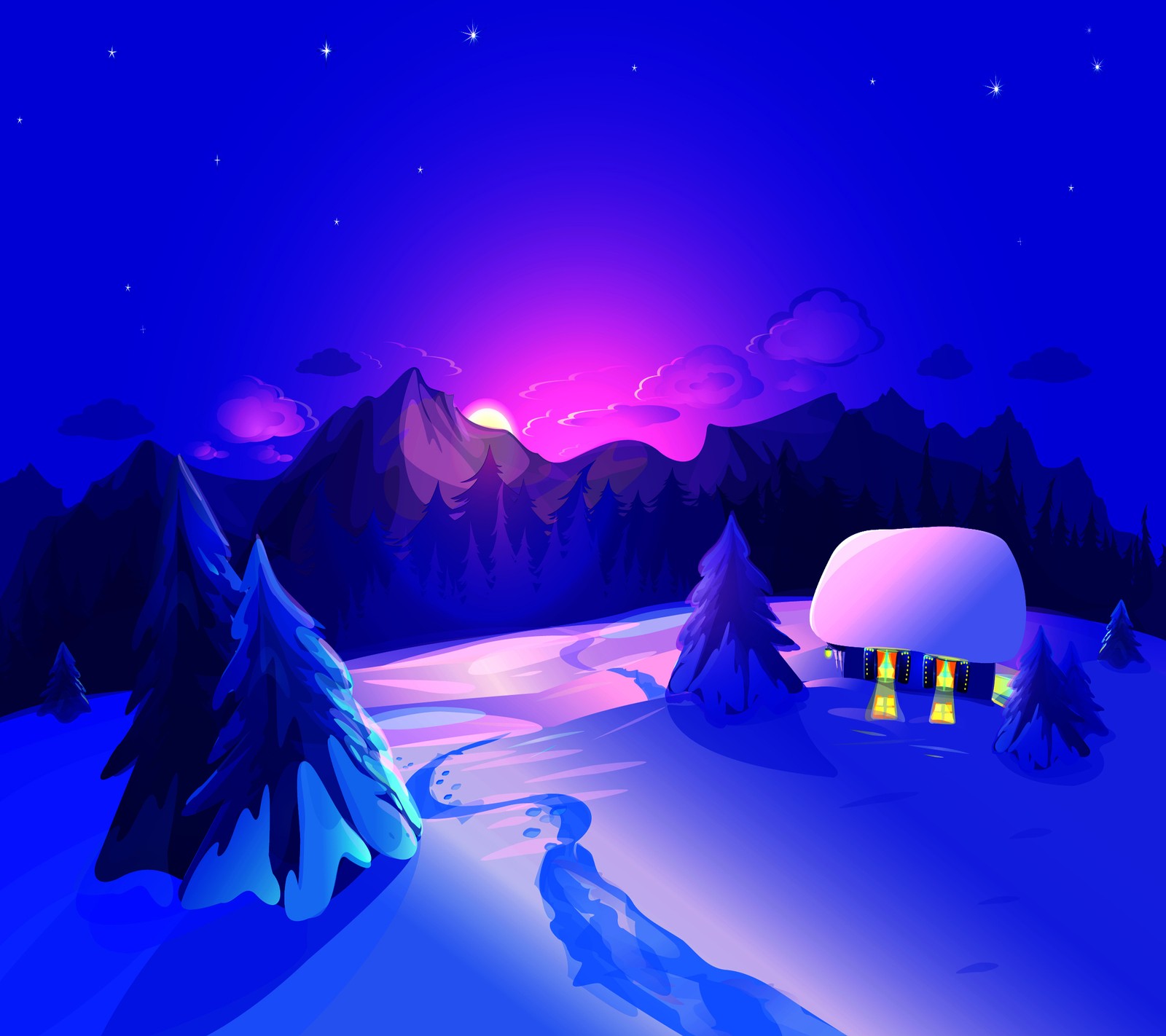 Eine cartoon-illustration einer verschneiten bergszene mit einem haus und bäumen (nacht, winter)