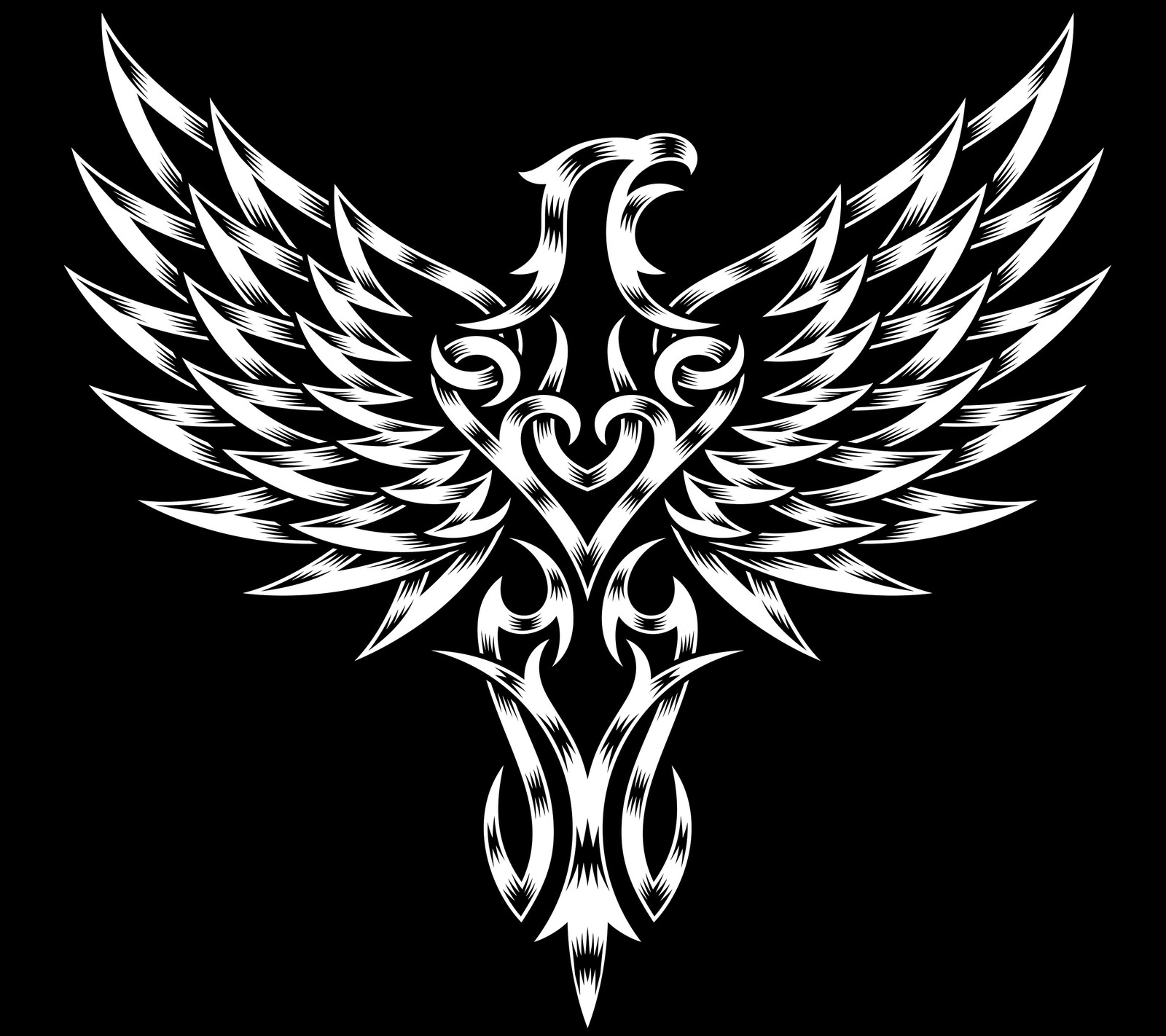 A black and white tribal bird with wings on a black background (abstract, art, black, design, eagle)