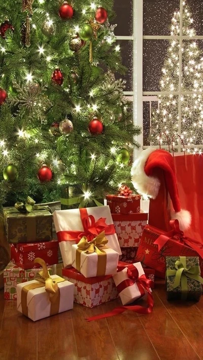 Festive Christmas Tree Surrounded by Colorful Ornaments and Gifts