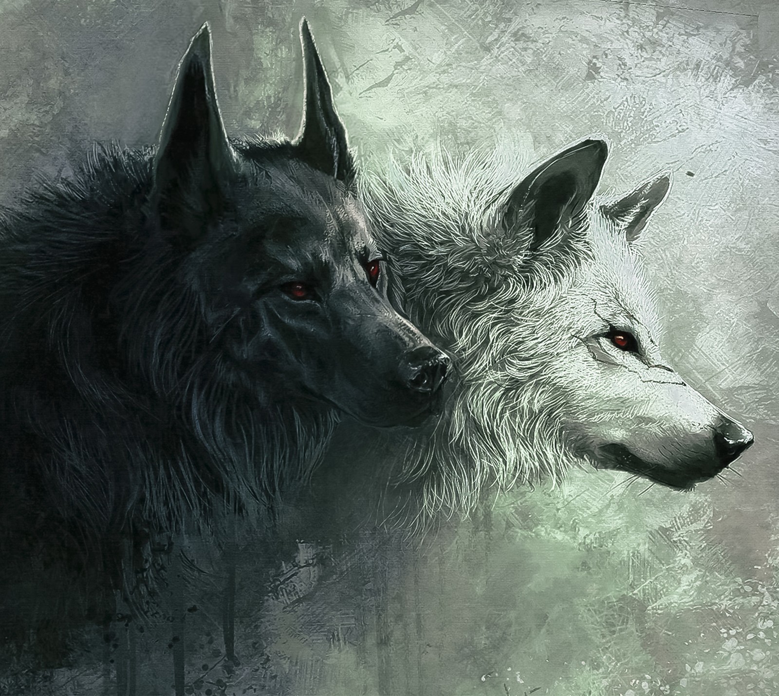 Painting of two wolfs facing each other with red eyes (animal, black wolf, white wolf, wolf, wolves)