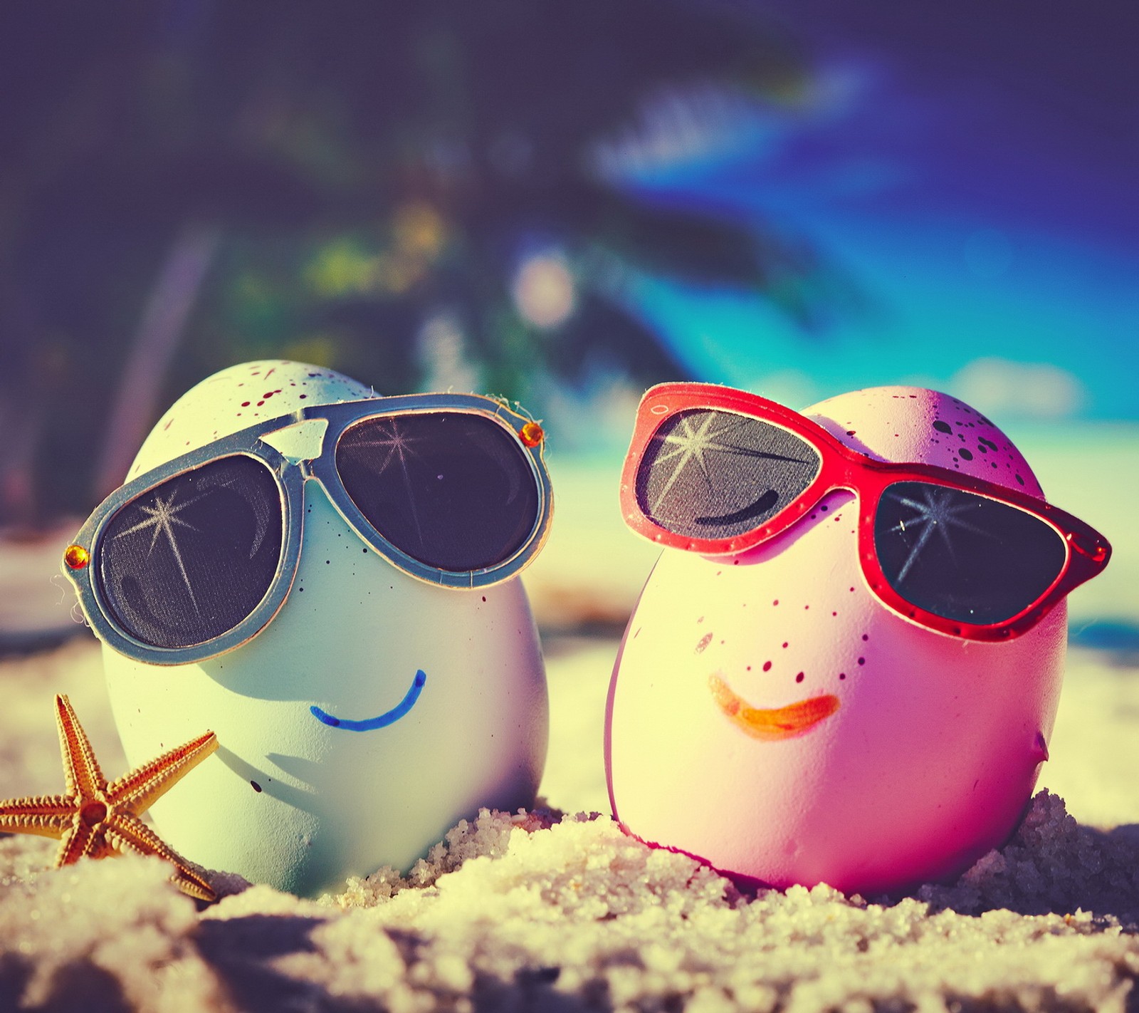 Hay dos huevos usando gafas de sol en la playa cerca del agua (playa, huevos, gafas, feliz)