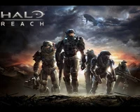 Team of Spartans from Halo: Reach in a dramatic battle-ready stance against a stormy backdrop.