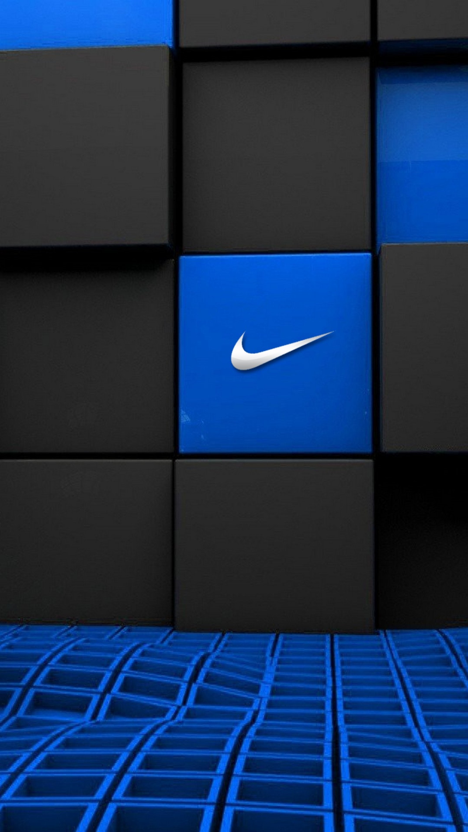 Un primer plano de una pared azul y negra con un logo de nike (logotipo, nike)