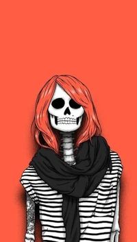 Stylish Skeleton with Vibrant Hair Against a Bold Background