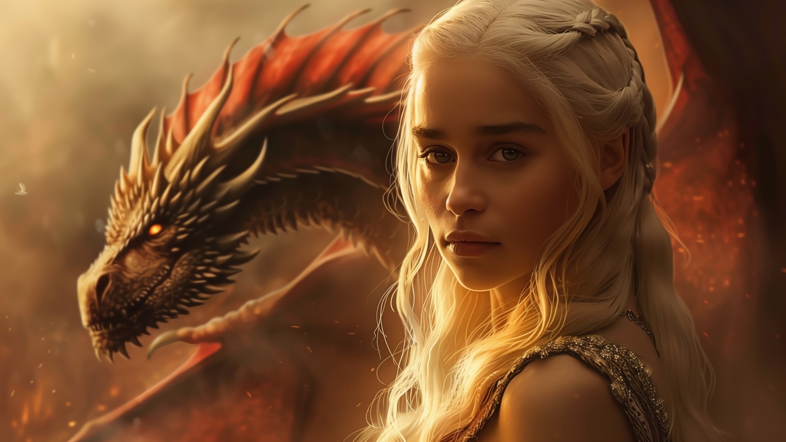 Eine frau mit langen blonden haaren und einem drachen im hintergrund (daenerys targaryen, drache, game of thrones, fernsehserie)