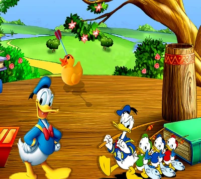 Pato Donald e amigos em uma cena ao ar livre vibrante