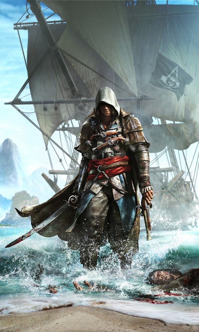 Ассасин идет по воде с мечом в руке (assasinscreed, blackflag)