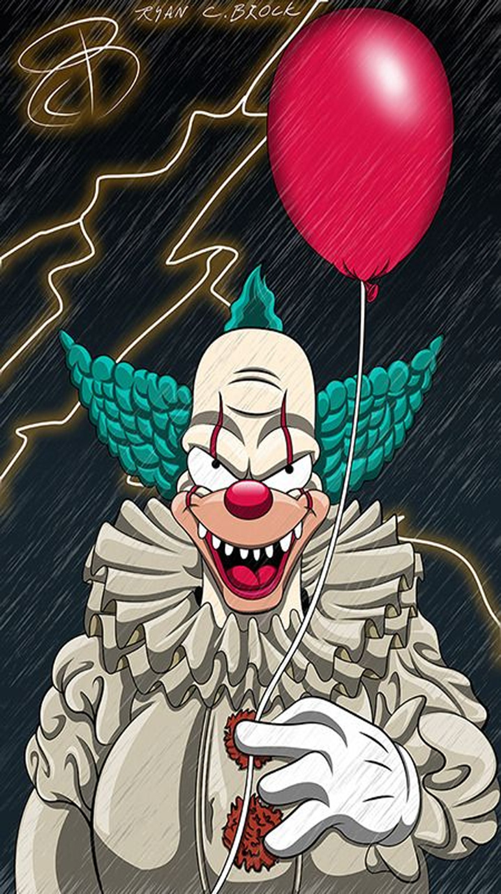 Clown mit rotem luftballon in der hand und blitz im hintergrund (clown, eso, globus, horror, heiß)