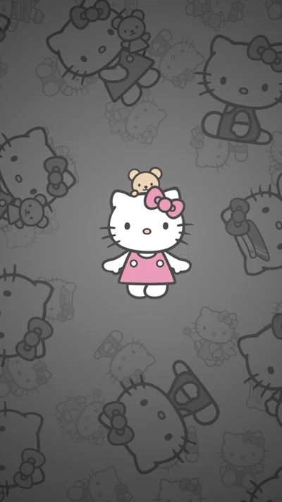 Hello Kitty com urso de pelúcia em fundo brincalhão