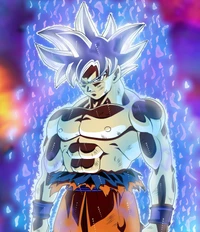 Goku in der Super-Saiyajin-Blau-Form, die immense Kraft und Intensität zeigt.