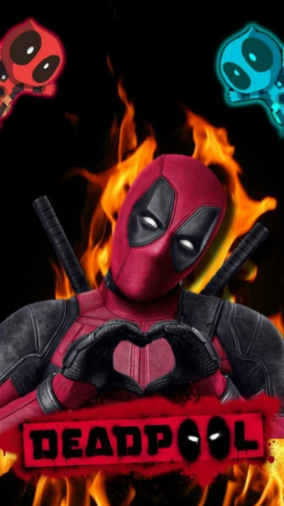 Deadpool formant un cœur avec ses mains au milieu des flammes