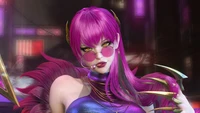 Kaisa from KDA in a vibrant, cyberpunk-inspired setting, showcasing her iconic look and fierce attitude.