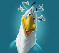 A humorous cartoon seagull with a relaxed expression, surrounded by colorful paint bottles spinning in circles above its head.