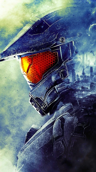 Master Chief com capacete Halo contra um cenário urbano futurista