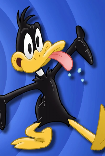 Daffy Duck dans une pose ludique sur un fond bleu vif.