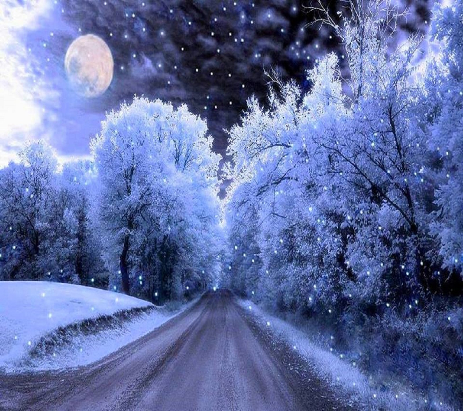 Snowy road with trees and a full moon in the sky (night, winter)