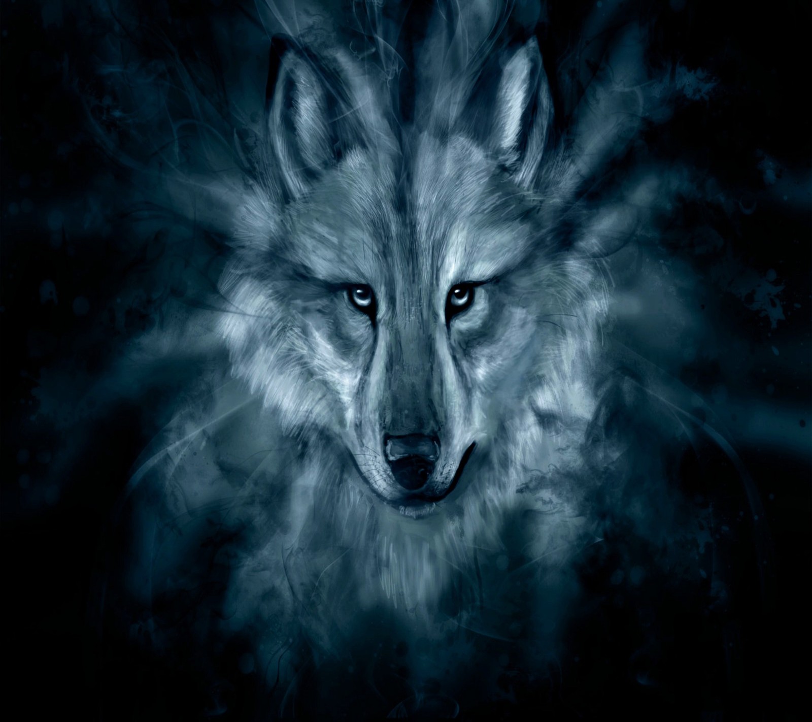 A close up of a wolf with blue eyes in the dark (beautiful, wolf)