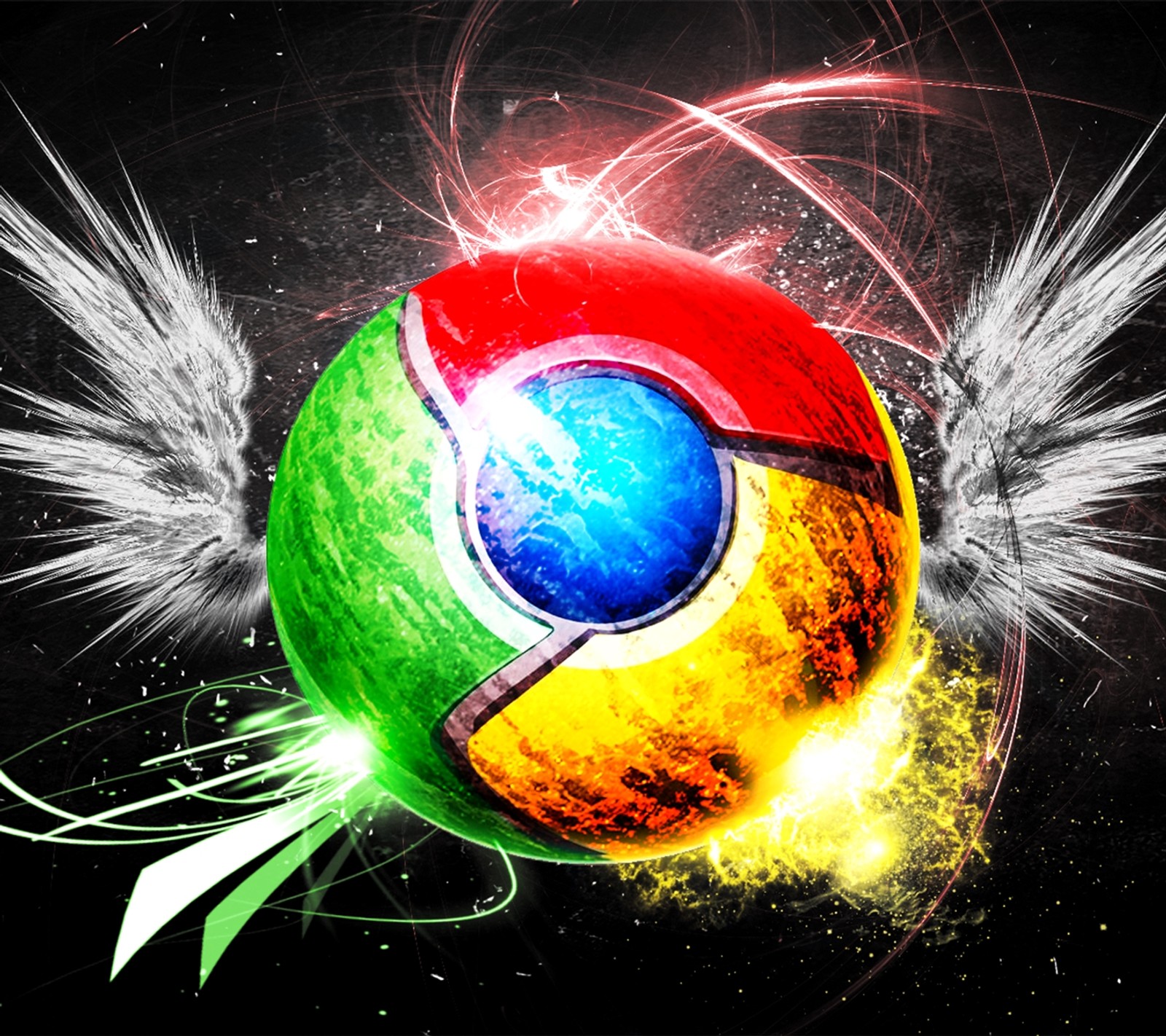 A close up of a colorful google chrome ball with wings (chrome, explode, google)