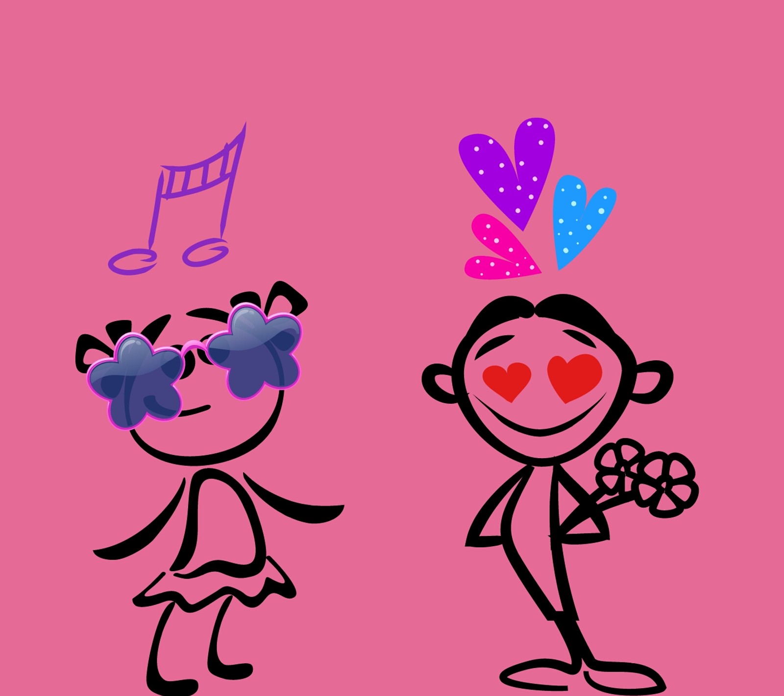 Dibujo de caricatura de una pareja de personas con corazones en la cara (divertido, corazones, rosa)