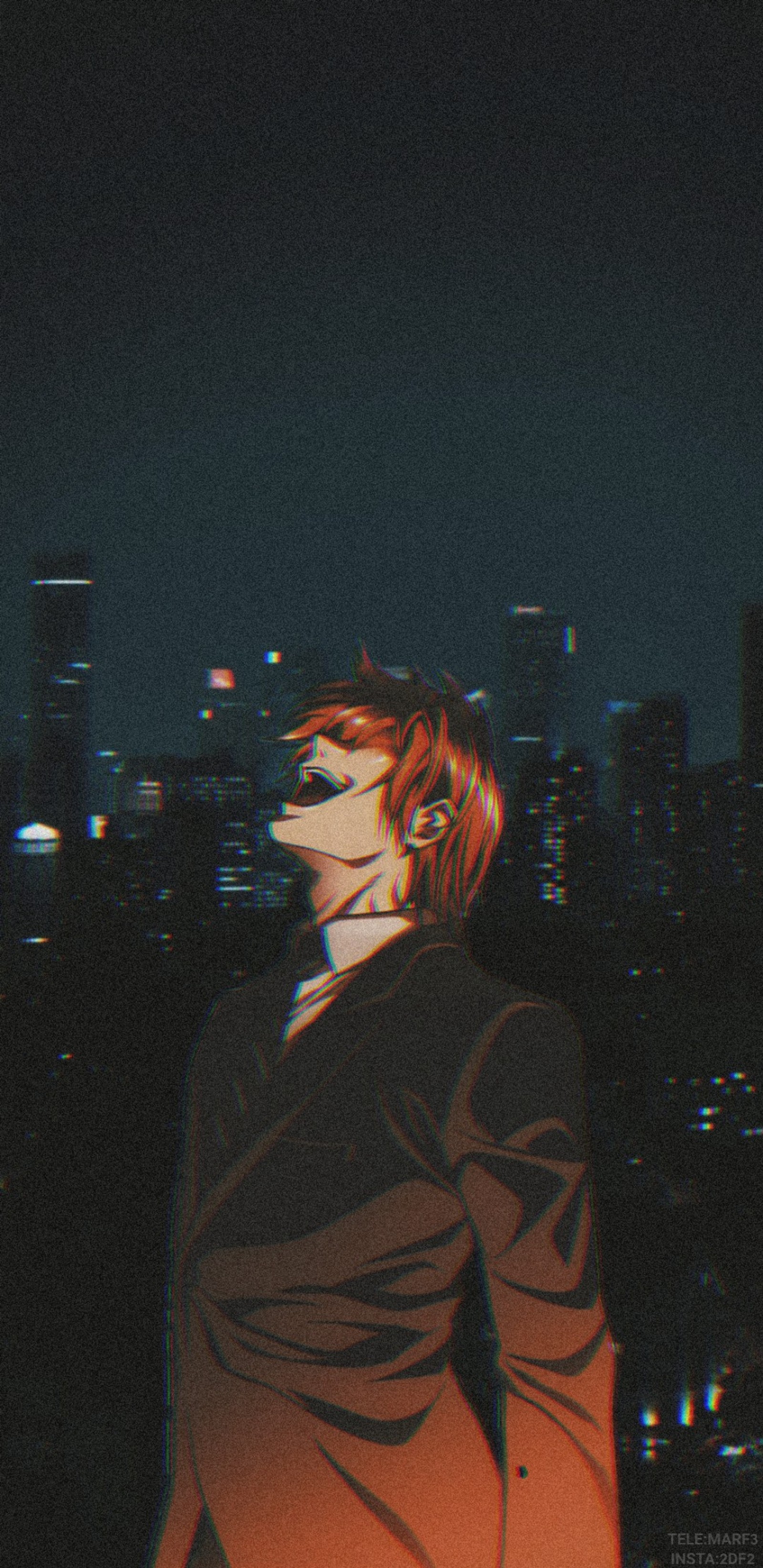 Anime - style photo of a man in a suit standing in front of a city skyline (kira, lite)