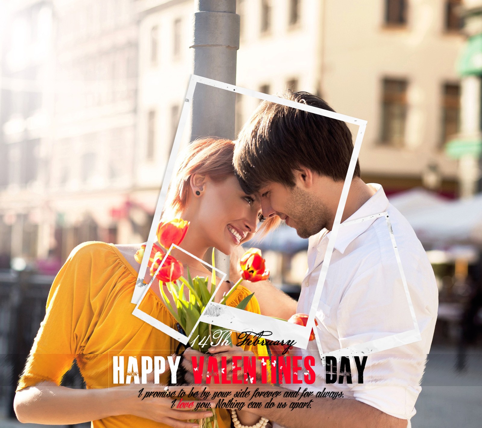 Un hombre y una mujer sosteniendo flores frente a un marco de fotos (14 feb, pareja, fondo de pantalla hd, amor, día de san valentín)