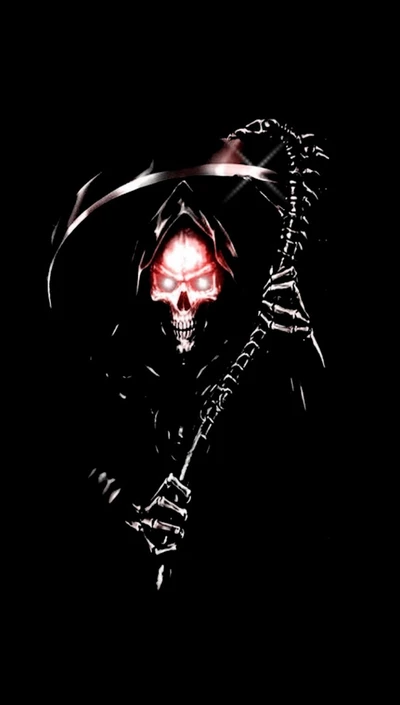 Sinister Grim Reaper with Glowing Red Eyes Holding a Scythe