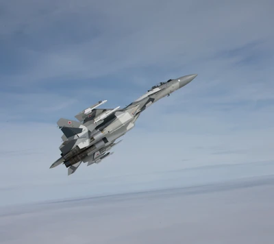 Sleek Fighter Jet Ascending Against a Cloudy Sky