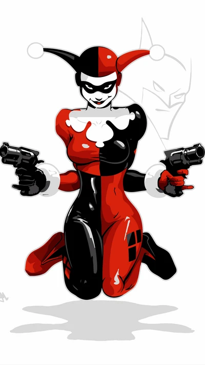 Harley Quinn en pose dynamique avec deux pistolets