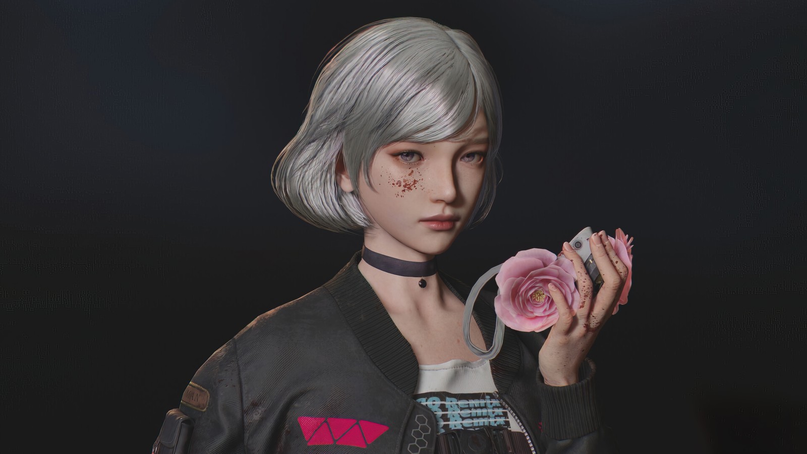 A close up of a person holding a flower in a dark room (cyberpunk, girls, digital art)