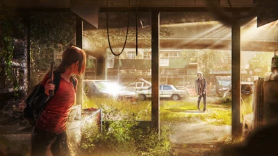 Ellie in a Sunlit Abandoned Garage Facing a Mysterious Figure Amidst Overgrown Nature