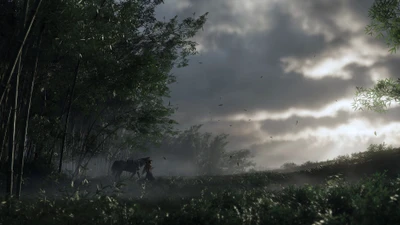 Bosquet de bambous brumeux au crépuscule dans Ghost of Tsushima