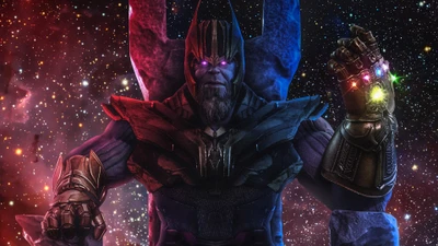 Thanos empuñando el Guantelete del Infinito en un entorno cósmico