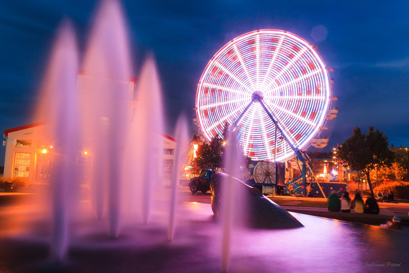 Des girafes et une grande roue dans un parc la nuit (exposition, grande roue, point de repère, attraction touristique, lumière)