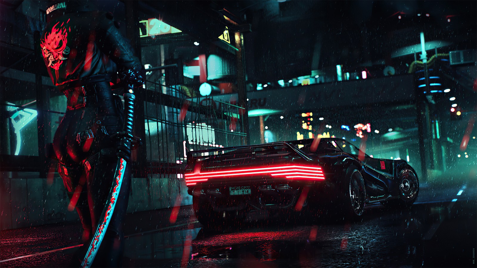 Un hombre en traje de pie junto a un coche en una ciudad por la noche (cyberpunk 2077, videojuego, ciencia ficción, coche, samurái)