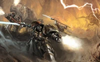 Epic battle scene featuring armored space marines wielding swords and firearms, set against a backdrop of lightning and chaos in a war-torn landscape.