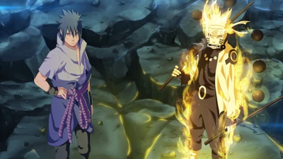 Naruto Uzumaki y Sasuke Uchiha en un poderoso enfrentamiento en medio de un paisaje dinámico y marcado por la batalla.