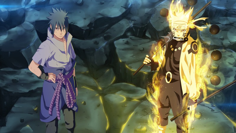 Два аниме персонажа стоят рядом друг с другом в пещере (naruto uzumaki, саске учиха, sasuke uchiha, аниме наруто, naruto anime)