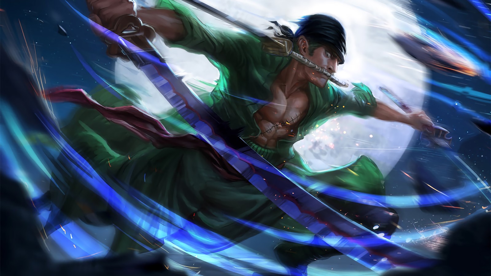 Eine nahaufnahme eines mannes mit einem schwert in der luft (roronoa zoro, katana, 3 schwert stil, one piece, anime)