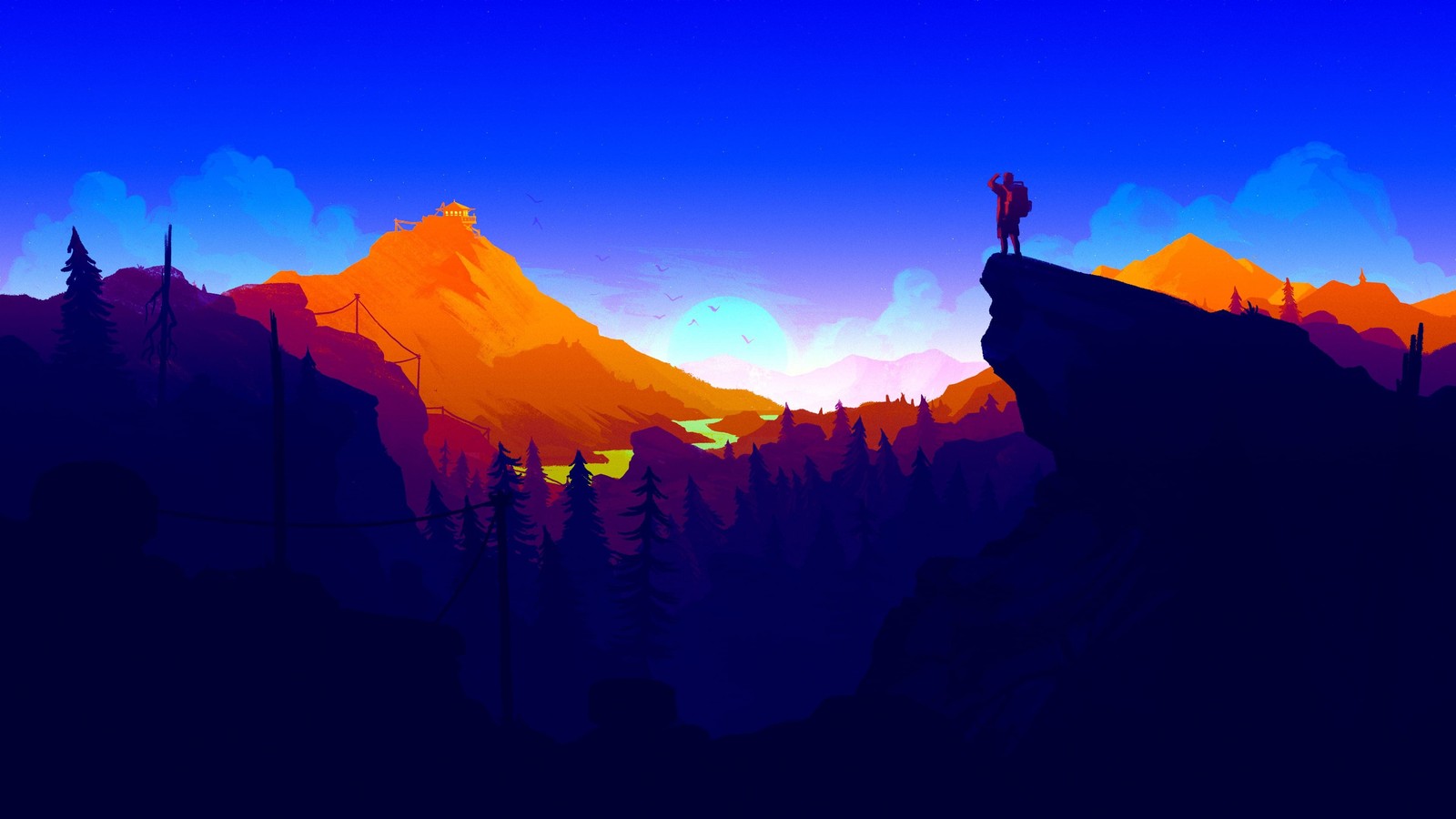 Um homem em pé no topo de uma montanha olhando para o pôr do sol (firewatch, atmosfera, mundo, montanha, paisagem natural)