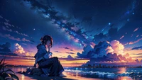 girl, beach, sunset, art, cloud wallpaper