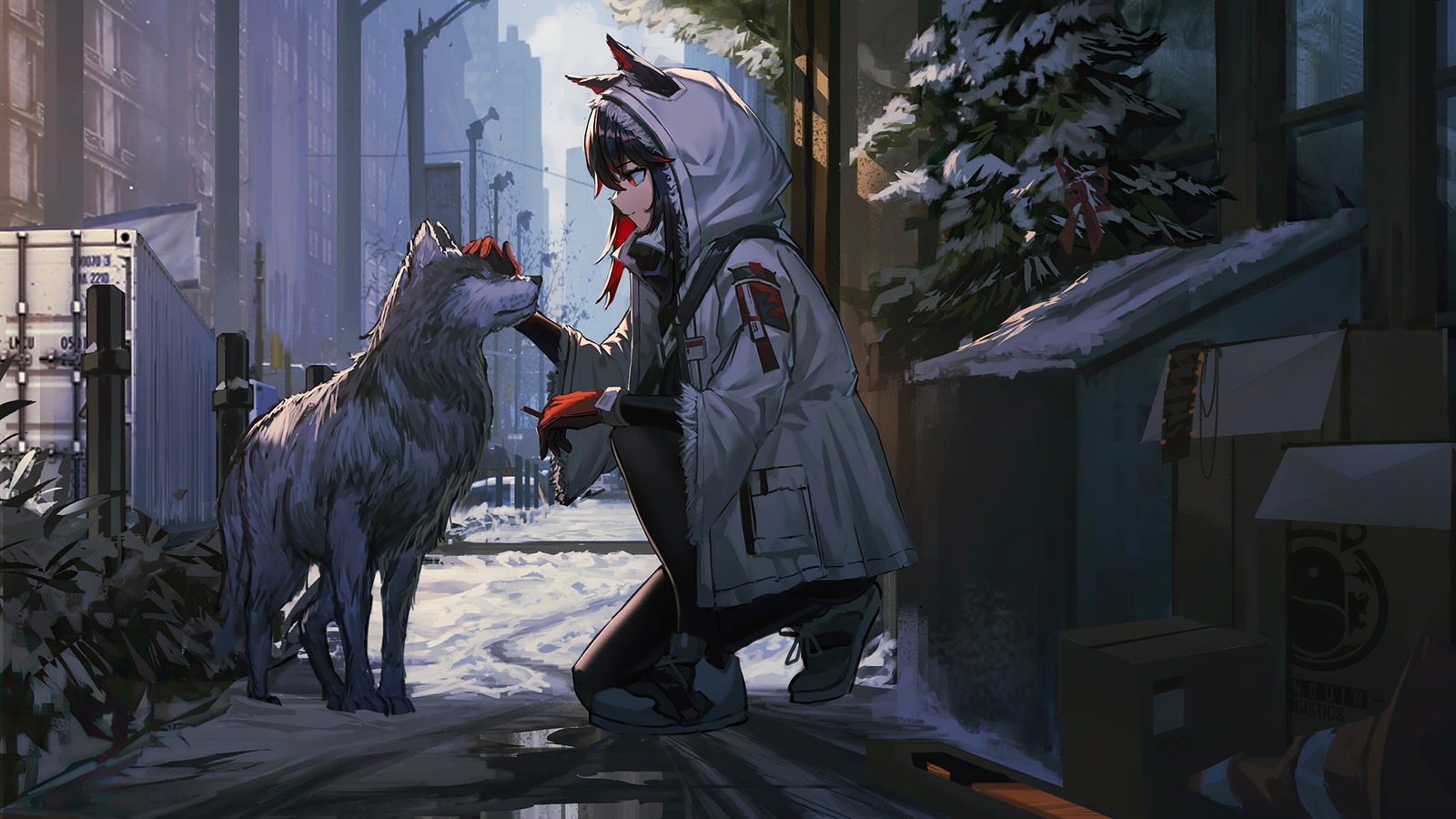 Une fille anime en manteau blanc et chapeau rouge caressant un loup blanc (filles danime, loup, texas, arknights, jeu vidéo)