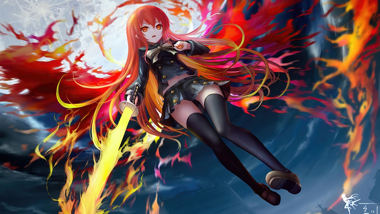 Una mujer volando en el aire con fuego y llamas en su cabello (shana, llama, espada, shakugan no shana, anime)