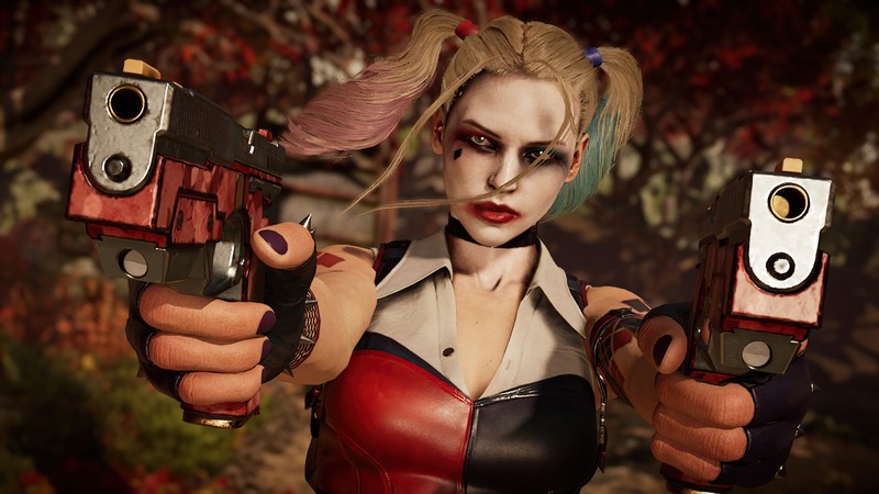 Крупный план человека с двумя пистолетами в лесу (harley quinn, кэсси кейдж, cassie cage, mortal kombat 11, mk11)