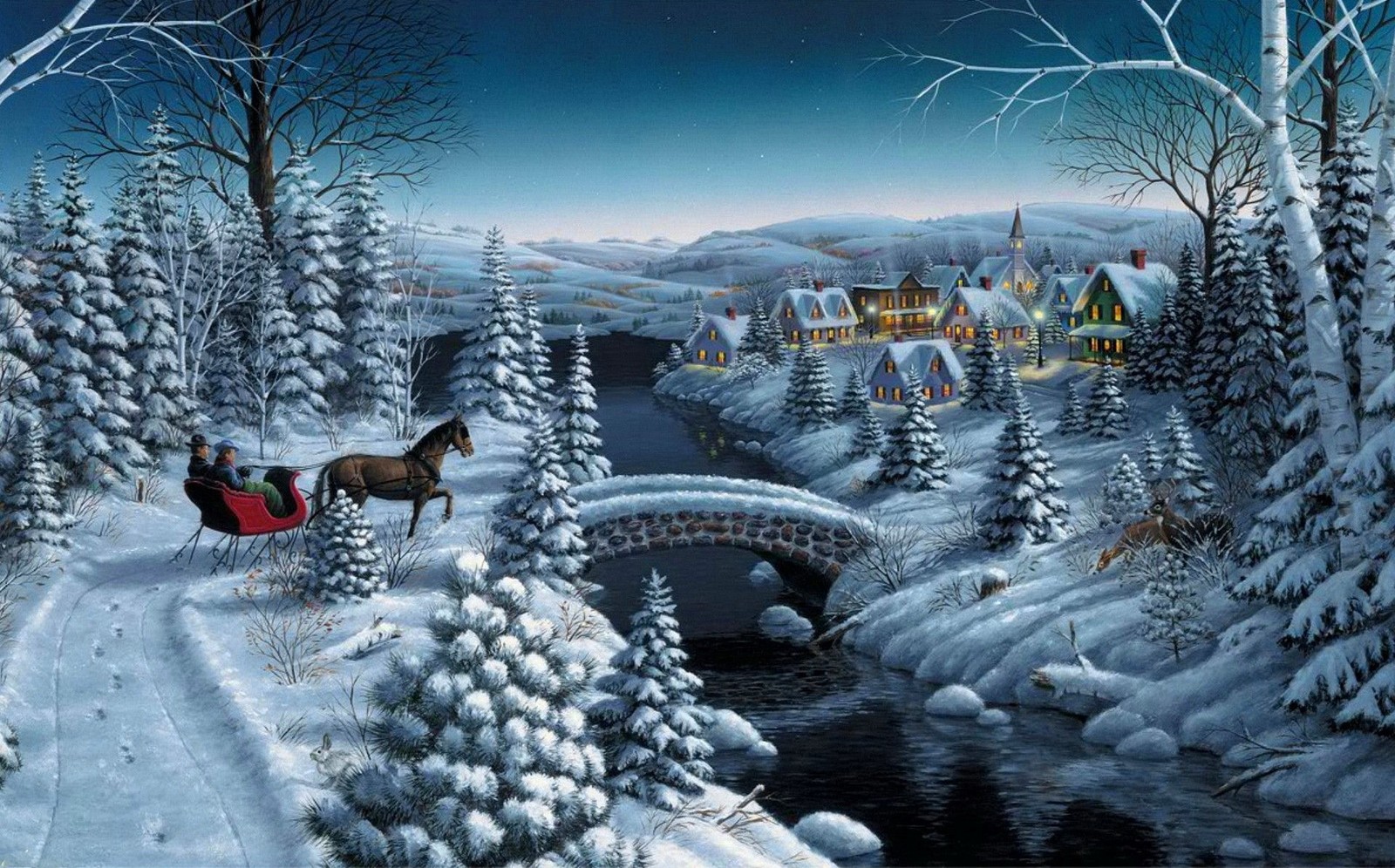 Uma pintura de um cavalo puxando um trenó através de uma paisagem nevada (pintura, arte, pintura de paisagem, inverno, natureza)