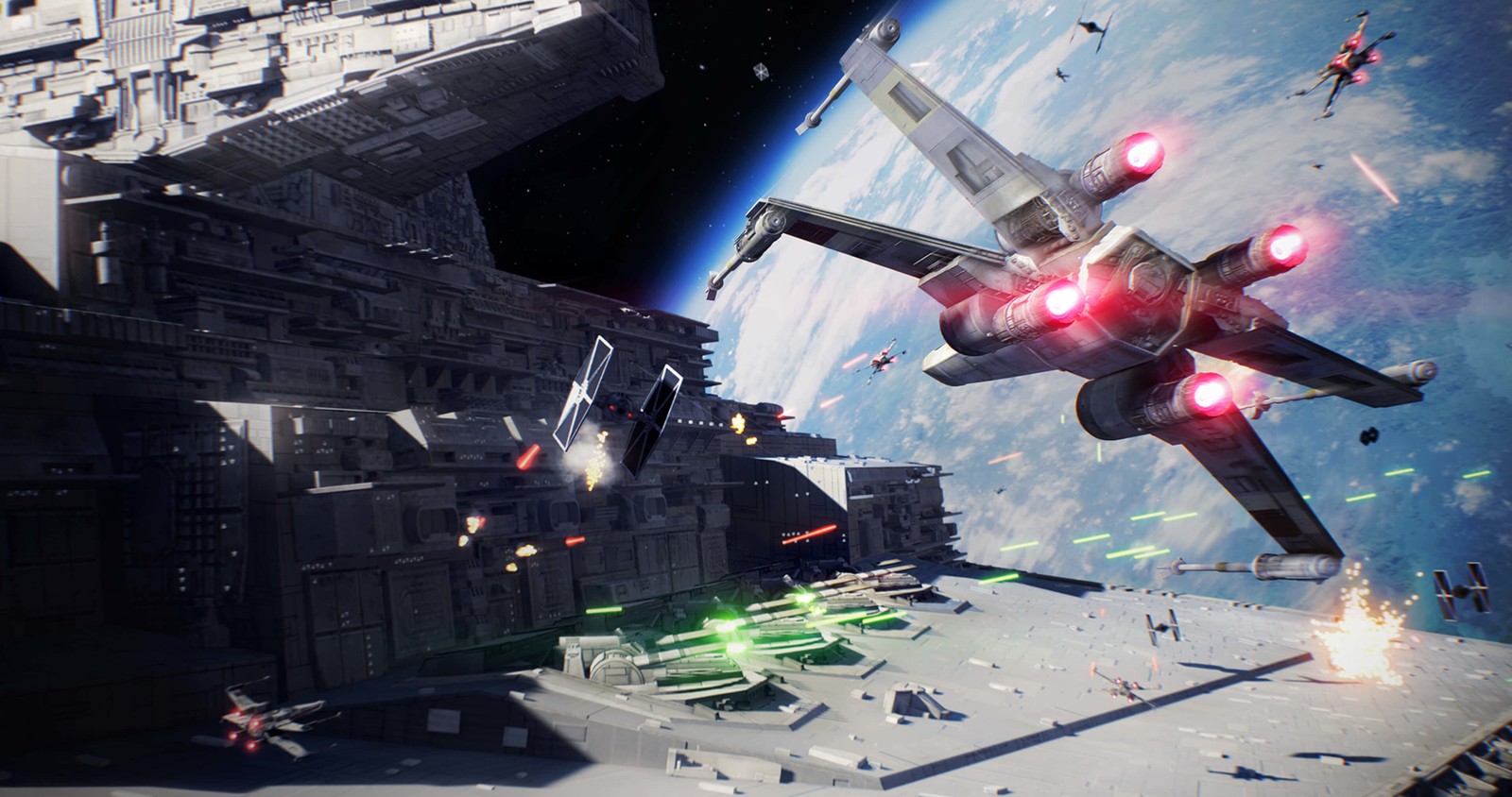 A close up of a star wars battle with a spaceship in the background (star wars battlefront ii, star wars battlefront, electronic arts, star wars, shooter game)