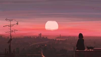 Serene Sunset Over a Cityscape with a Girl and Her Cat