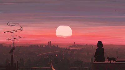 Coucher de soleil serein sur une ville avec une fille et son chat