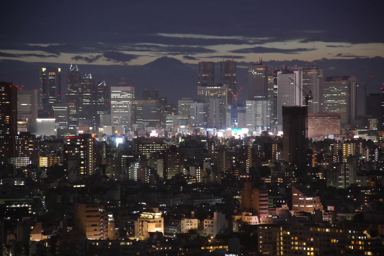 Arafly lit city skyline at night with skyscrapers and clouds (night, skyscraper, cityscape, city, metropolis)